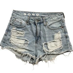 SONG Juniors 5 Light Wash Distressed Denim Jean Super High Rise Shorts R1